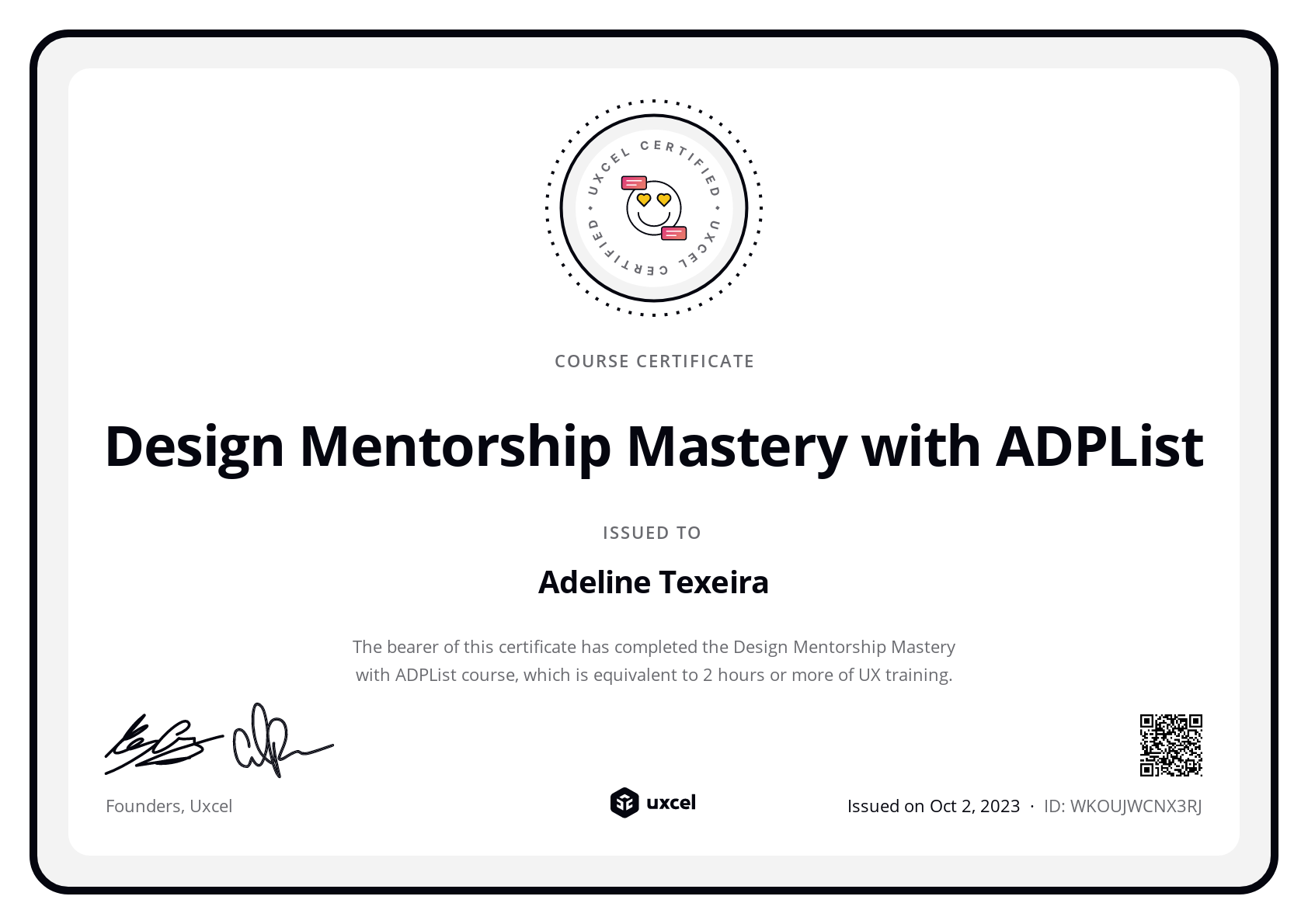 Adeline Texeira's certificate